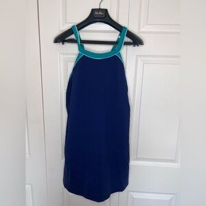 Lands' End Women high neck swim dress one piece swimsuit Sz 14 blue NWOT